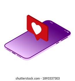 Red heart on the smartphone screen in an isometric style. The phone isolated on a white background. The concept of social networks. Vector illustration.