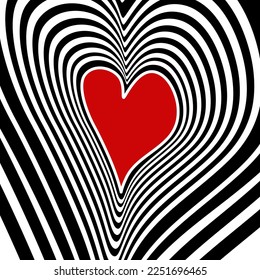 A red heart on striped pattern, black and white background.
Doodle cartoon style
