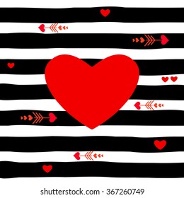 red heart on striped  pattern vector, black and white.
