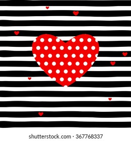 red heart on striped  pattern vector, black and white.