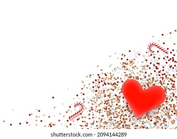 Corazón rojo con una mesa con confeti. Tarjeta de San Valentín. Banner plano vectorial 3d con espacio de copia