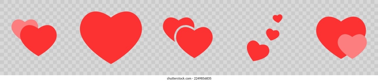 Red heart on the transparent background. Love heart collection. Hearts in different shapes. Vector illustration