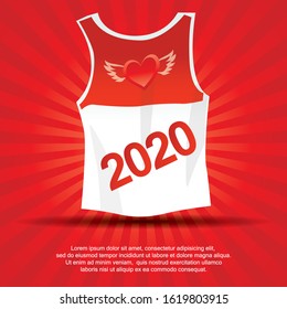 Red Heart on T-shirt 2020. With red burst background. Vector Illustration.