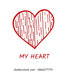 Rotes Herz auf weißem Hintergrund mit Text. Handzeichner-Doodle. Skizze. Vektorgrafik. Valentinstag.