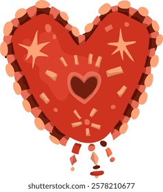 Red heart on a white background. Vector illustration in cartoon style. Heart with embroidered beads. Decorative Valentine. Vector illustration in cartoon style.
