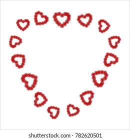red heart on the white background. Colorful Valentine. Abstraction with colorful hearts. Postcard. Frame with Place for name, photo and other.