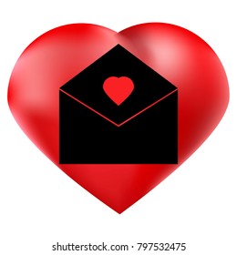Red heart on a white background, black envelope, symbol of love, vector