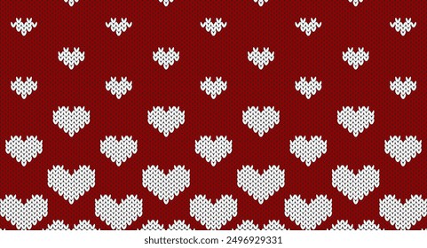 Red heart on white knitted pattern, Festive Sweater Design. Seamless Knitted Pattern, Christmas knitted patten.