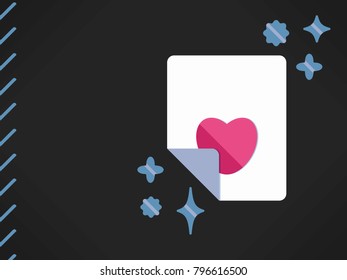 The red heart is on a white sheet of paper. The corner of the leaf is bent. Nearby are decorative stars with stripes diagonally. Black background. Image of the theme of love, Valentine's Day