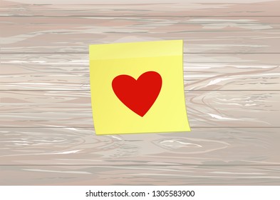 Red heart on yellow sticker for notes. Vector illustration on wooden background. Copy space for text. Valentines day