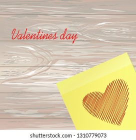 Red heart on yellow sticker for notes. Vector illustration on wooden background.  Copy space for text. Valentines day