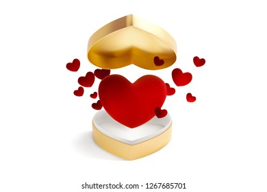 Red heart open box with flying golden and red hearts for Valentines day or special day in love concept. Open red gift box with a big golden heart isolated on white background