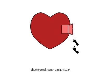 Red heart with an open door and footprints. Vector