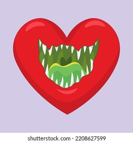 A red heart open mouth with horror sharp teeth, decoration element helloween,  illustrator vector cartoon drawing image painting