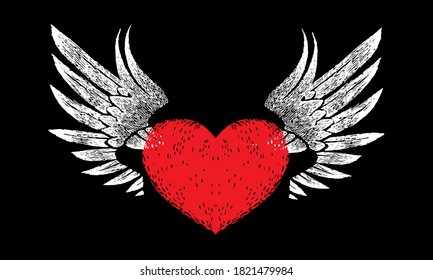 red heart with open white wings on a black background in retro style. decorative design elements for logo, label, emblem, sign, trademark, tattoo, art