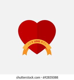 Red heart with orange ribbon and sign Love. Vector illustration