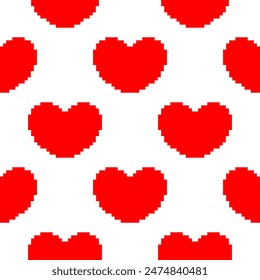 red heart with outline pixel seamless pattern on white background
