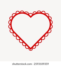 Red heart outline with scalloped edges on a white background. Heart design with scalloped edges. Simple heart shape with scalloped details. Romantic heart outline. Love element vector.