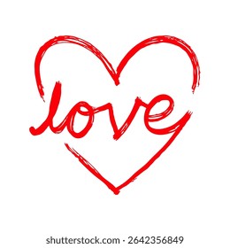 Contorno de coração vermelho com a palavra amor dentro, estilo de esboço desenhado à mão em um fundo branco, simbolizando romance e afeto