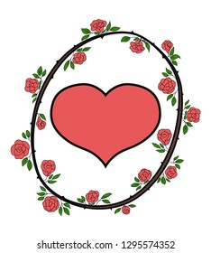 Red heart in an oval frame of climbing roses. Color pattern with black stroke. Valentine's day card.