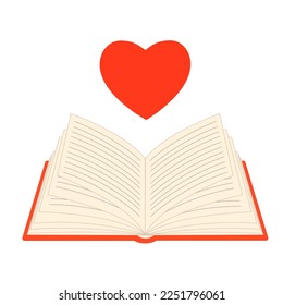 Red heart over the pages of an open book. Vector illustration.
