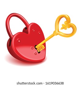 Red heart padlock with gold key isolated on white background, vector high detail illustartion.