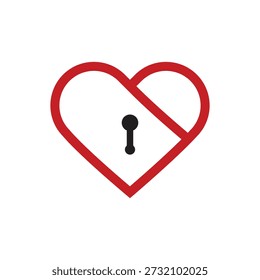 Red heart padlock key icon template, Romantic love lock symbol graphic, vector illustration