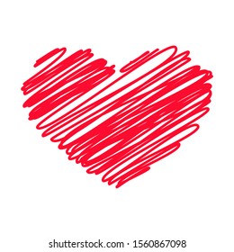 Red heart painted over with one line isolated on white background, vector stock illustration. Simple Valentin day card. Concept of love. 