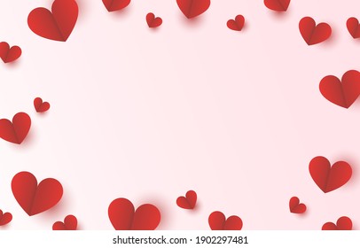 Red heart paper border frame with pink background for Mothers Day and Valentine Day love banner design vector illustration with blank space.