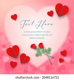 Red heart paper craft and red rose with heart frame and mini heart on pink background vector illustration