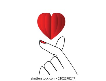 Red heart paper cut with hand love vector isolated in white background.Love is love on Valentines'Day concept.