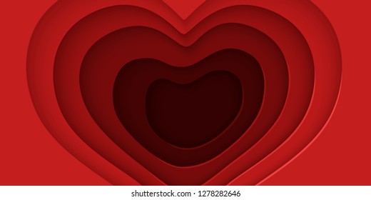 Red heart paper cut. Love concept. Beautiful background. Greeting card. Valentine's day. 3d heart relief. Origami. Simple realistic design. Flat style vector illustration. 
