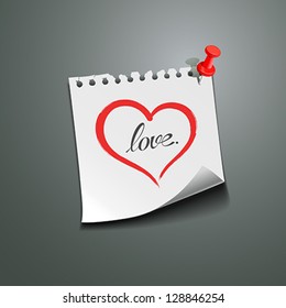 Red heart paper note love message, vector illustration