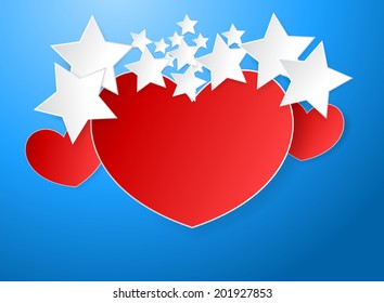 Red heart paper on a blue background