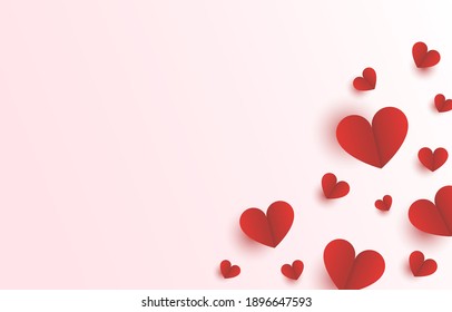 Red heart paper on right side with pink background for Mothers Day and Valentine Day love banner design vector illustration with blank space.