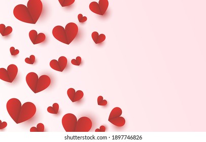 Red heart paper on right side with pink background for Mothers Day and Valentine Day love banner design vector illustration with blank space.