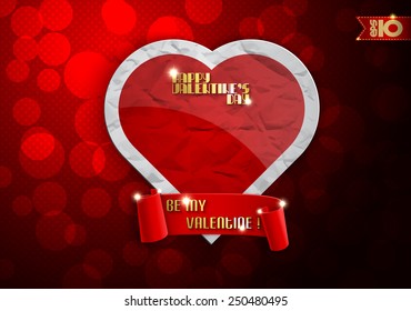 Red heart of paper with ribbon and lettering happy Valentine's day on a red background