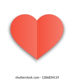 Red heart paper shape with fold and shadow. Valentine day vector illustration. Postcard