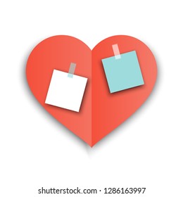 Red heart paper shape with shadow with stickers for love message. Valentine day vector illustration. Postcard