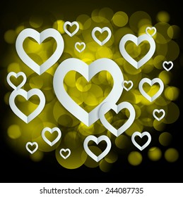 Red Heart Paper Sticker With Shadow Valentine's day vector illustration Postcard. Defocused Light, Flickering Lights, abstract festive background with bokeh defocused lights.