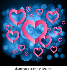 Red Heart Paper Sticker With Shadow Valentine's day vector illustration Postcard. Defocused Light, Flickering Lights, abstract festive background with bokeh defocused lights.