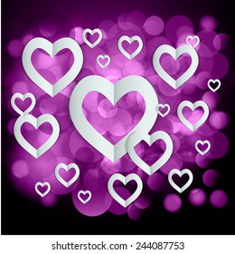 Red Heart Paper Sticker With Shadow Valentine's day vector illustration Postcard. Defocused Light, Flickering Lights, abstract festive background with bokeh defocused lights.