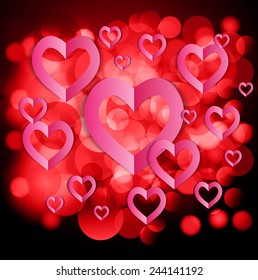 Red Heart Paper Sticker With Shadow Valentine's day vector illustration Postcard. Defocused Light, Flickering Lights, abstract festive background with bokeh defocused lights.