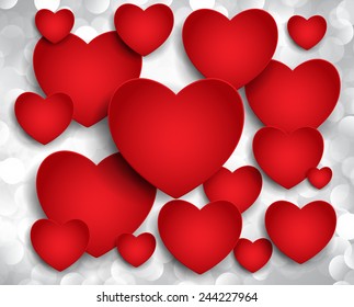 Red Heart Paper Sticker With Shadow Valentine's day vector illustration Postcard. Defocused Light, Flickering Lights, abstract festive background with bokeh defocused lights.