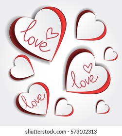 Red Heart Paper Sticker With Shadow - vector illustration Postcard. Valentine's day abstract background with cut elements. Love romantic message. Template and mock up for your text and web-design