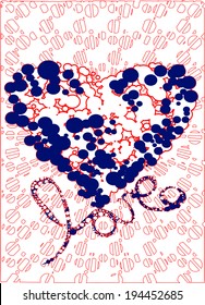 a red heart pattern, bubbly texture effects. handwriting contours drawn with red and dark blue at the heart of a 'love' written on. outlined in red on a floor with a circular texture effects
