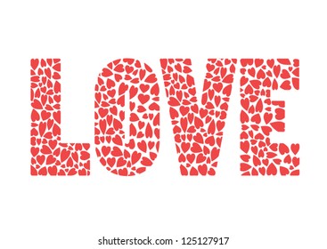 Red heart pattern in love alphabet on white background.