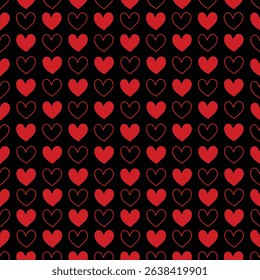 Red heart pattern on black background. Seamless pattern for graphic design, fabric, or paper.