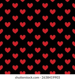 Red heart pattern on black background. Seamless pattern for graphic design, fabric, or paper.