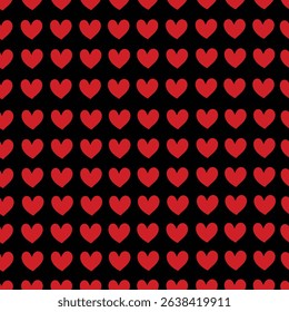 Red heart pattern on black background. Seamless pattern for graphic design, fabric, or paper.